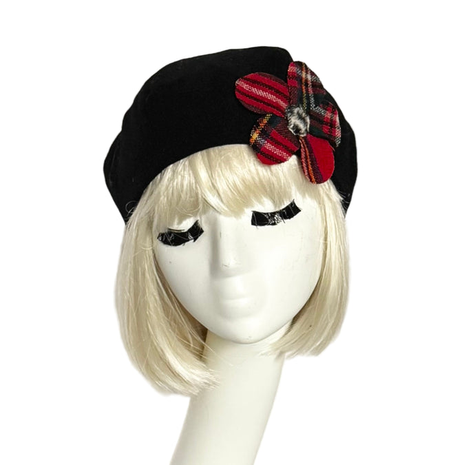 Black Wool Beret Plaid Flower