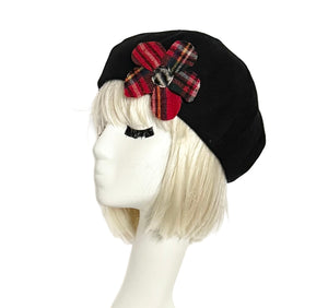 Black Wool Beret Plaid Flower