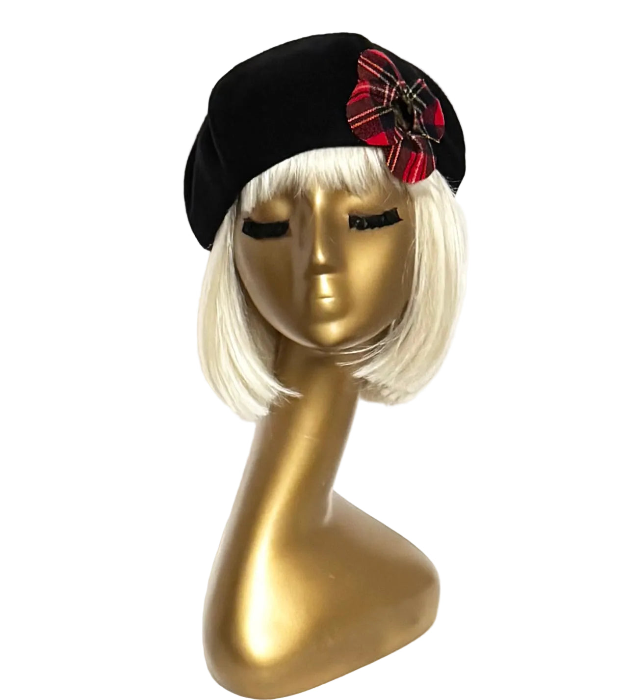 Black Wool Beret Plaid Flower