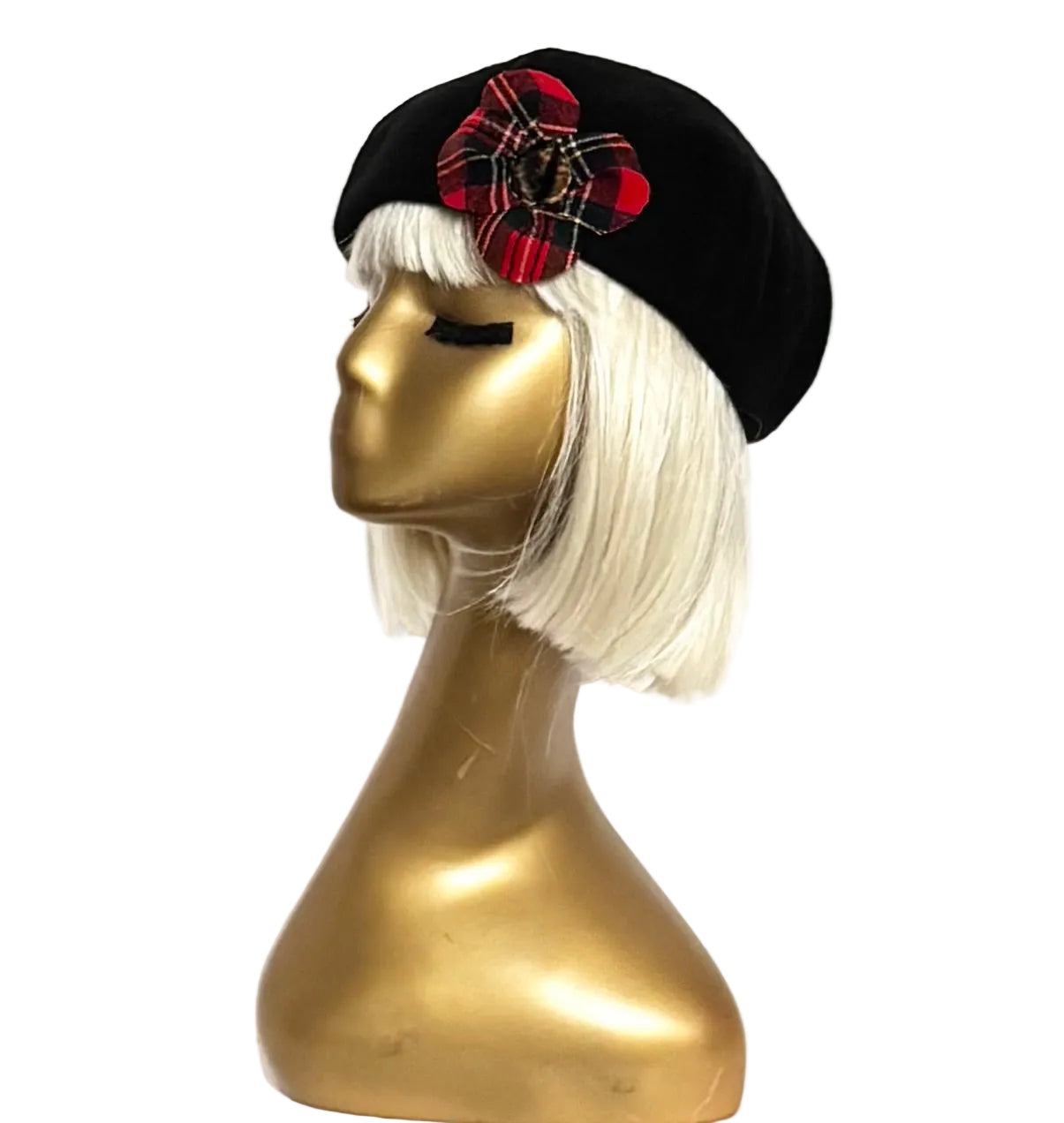 Black Wool Beret Plaid Flower