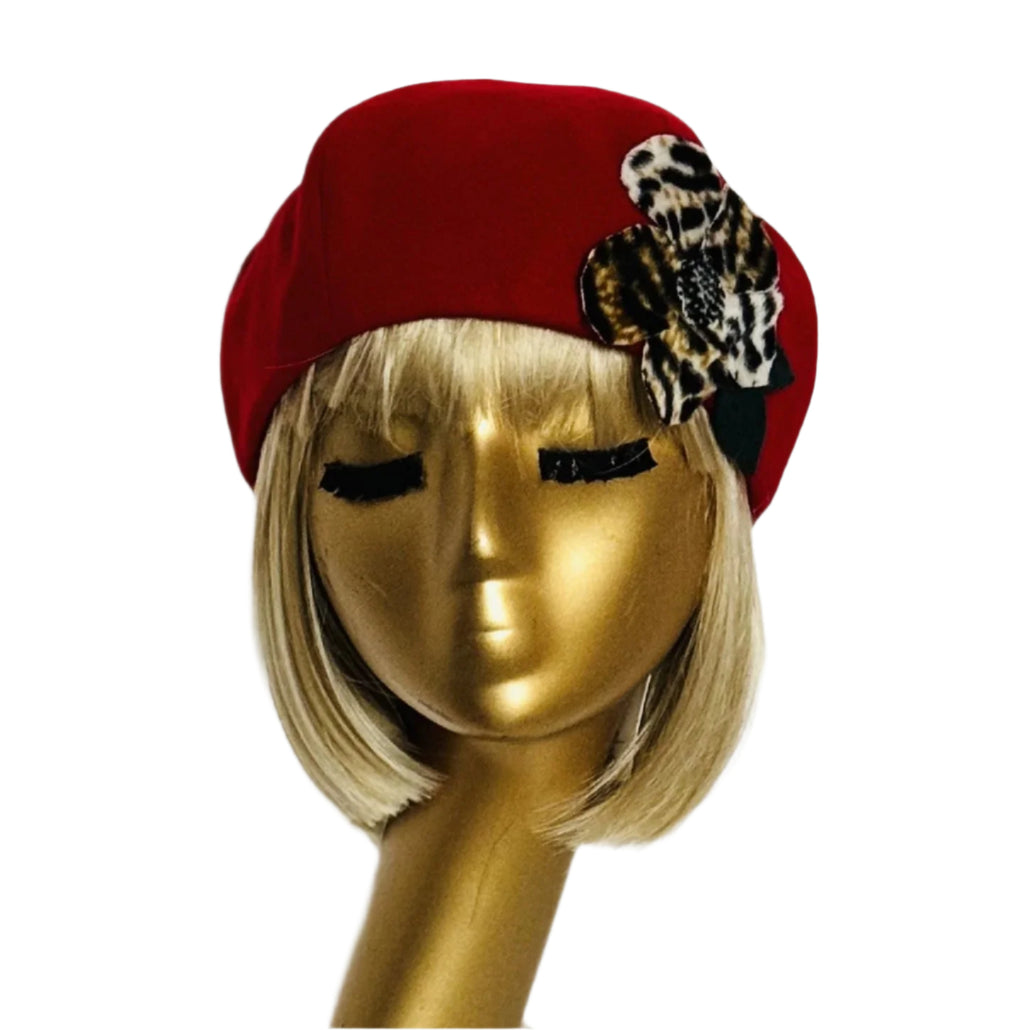 Red Wool Beret Leopard Flower