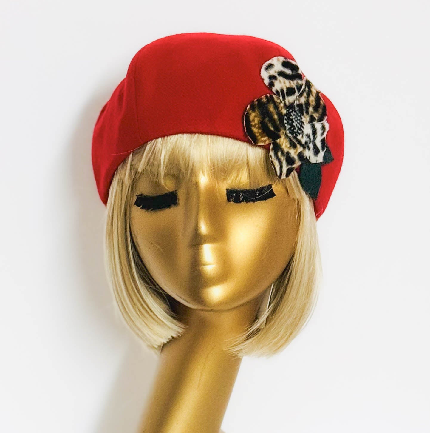 Red Wool Beret Leopard Flower