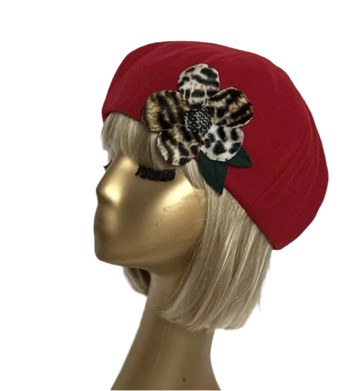 Red Wool Beret Leopard Flower