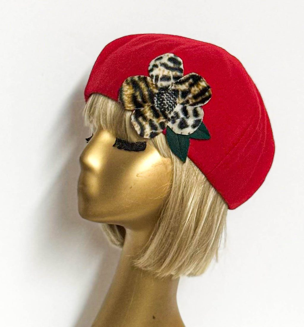 Red Wool Beret Leopard Flower