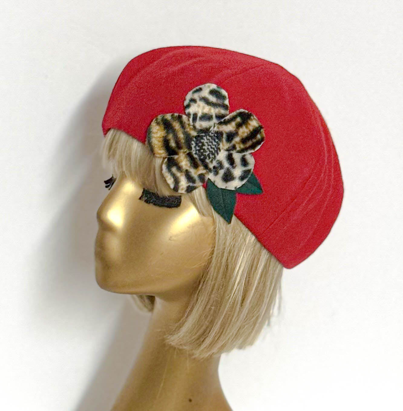 Red Wool Beret Leopard Flower