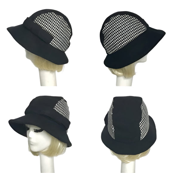 Cloche Hat Black Wool / Houndstooth Bow