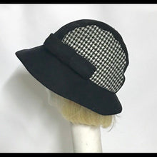 Load image into Gallery viewer, Cloche Hat Black Wool / Houndstooth Bow