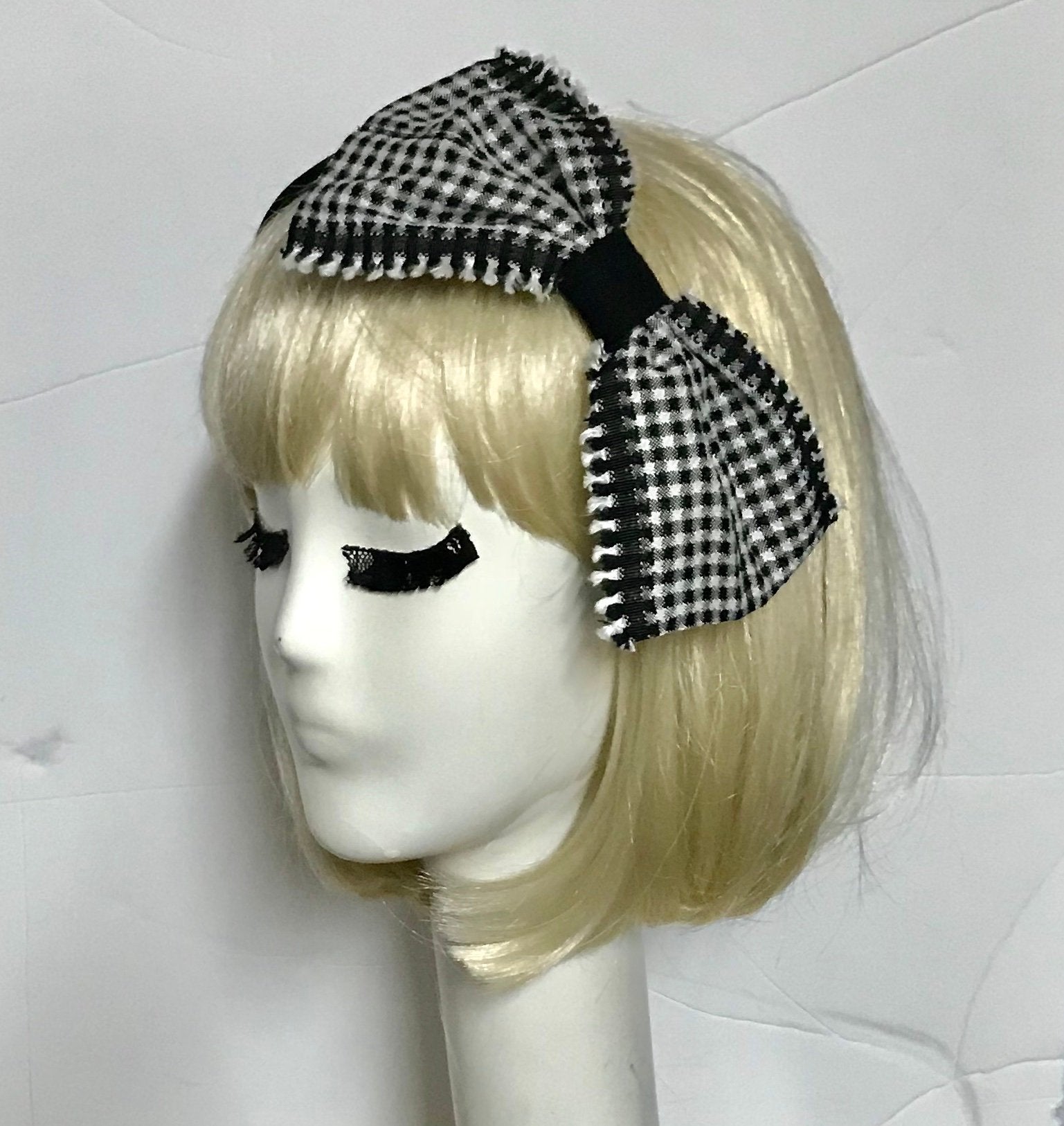 Satin headband with gingham black white bow