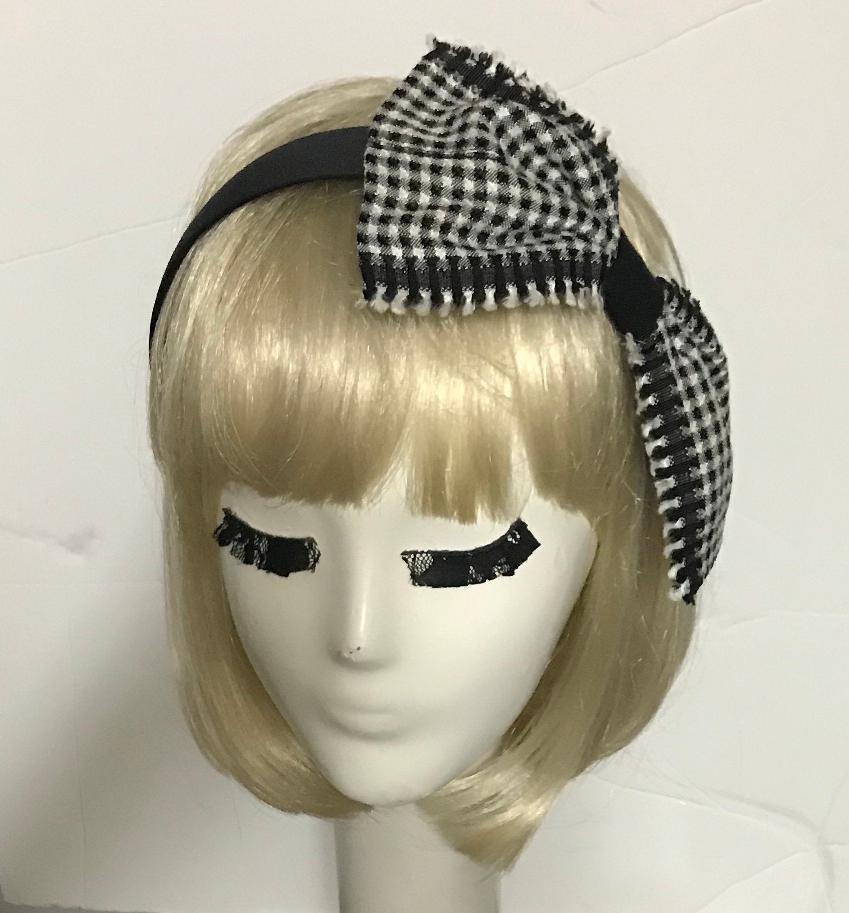 Satin headband with gingham black white bow