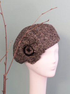 Beret Hat Flower Black White Herringbone Wool