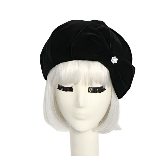 Velvet Beret Hat Bow Rhinestone